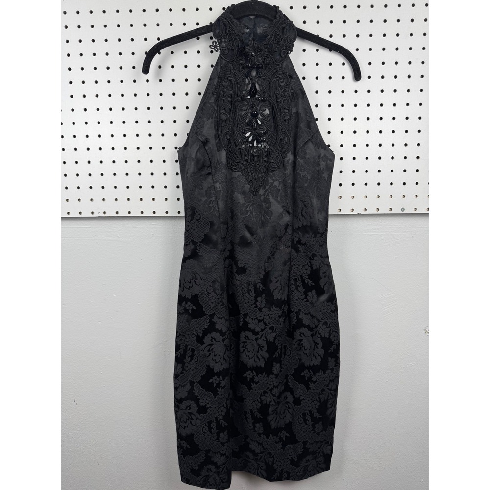 Scott McClintock Black Brocade Halter Dress Gothic Lace Beaded formal Dress sz 4